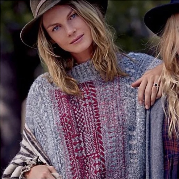 Free People Willow Red and Gray Patterned Poncho - Picture 2 of 7